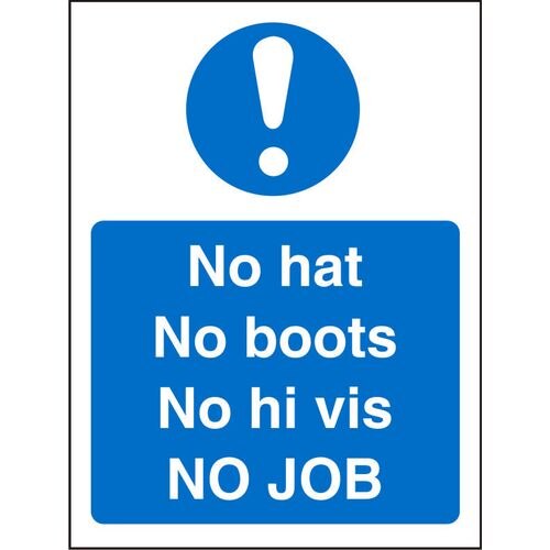 Mandatory Sign No Hats, Boots, Hi Vis vinyl Blue, White 20 x 15 cm