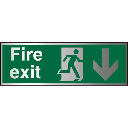 Fire Exit Sign Down Arrow Aluminium Green, Silver 10 x 30 cm