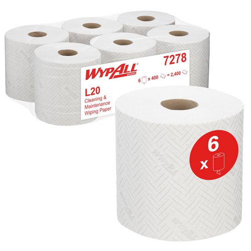 WYPALL Wiping Paper 7278 L20 2 Ply Centrefeed White 6 Rolls of 400 Sheets