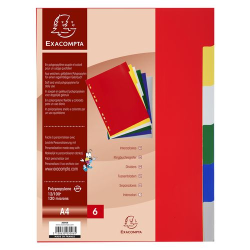Exacompta Blank Dividers A4 Assorted Multicolour 6 Part PP (Polypropylene) 11 Holes 3006E Pack of 100