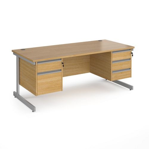 Dams International Straight Desk with Oak Coloured MFC Top and Silver Frame Cantilever Legs and Two & Three Lockable Drawer Pedestals Contract 25 1800 x 800 x 725mm