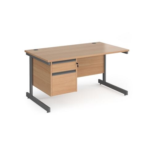 Dams International Straight Desk with Beech Coloured MFC Top and Graphite Frame Cantilever Legs and 2 Lockable Drawer Pedestal Contract 25 1400 x 800 x 725mm