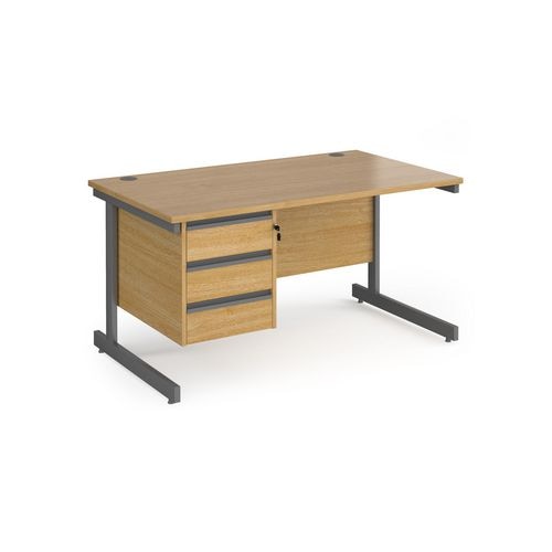 Dams International Straight Desk with Oak Coloured MFC Top and Graphite Frame Cantilever Legs and 3 Lockable Drawer Pedestal Contract 25 1400 x 800 x 725mm