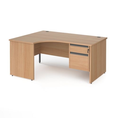 Dams International Left Hand Ergonomic Desk with 2 Lockable Drawers Pedestal and Beech Coloured MFC Top with Graphite Panel Ends and Silver Frame Corner Post Legs Contract 25 1600 x 1200 x 725 mm