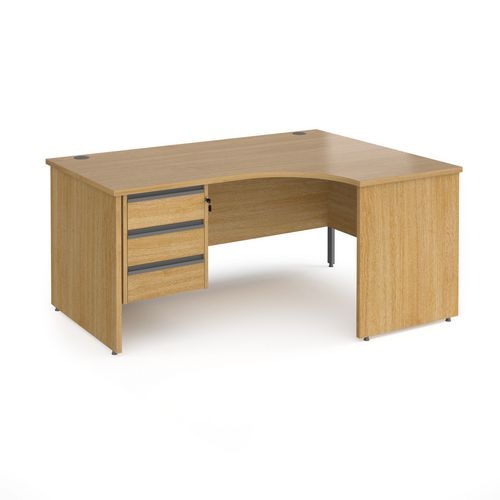 Dams International Right Hand Ergonomic Desk with 3 Lockable Drawers Pedestal and Oak Coloured MFC Top with Graphite Panel Ends and Silver Frame Corner Post Legs Contract 25 1600 x 1200 x 725 mm