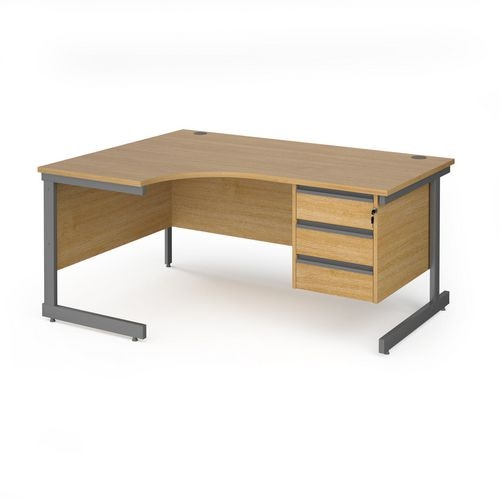 Dams International Left Hand Ergonomic Desk with 3 Lockable Drawers Pedestal and Oak Coloured MFC Top with Graphite Frame Cantilever Legs Contract 25 1600 x 1200 x 725 mm