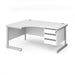 Dams International Left Hand Ergonomic Desk with 3 Lockable Drawers Pedestal and White MFC Top with Silver Frame Cantilever Legs Contract 25 1600 x 1200 x 725 mm