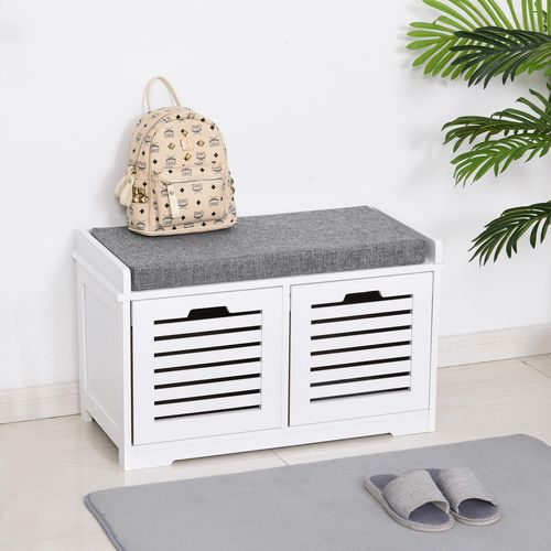 HOMCOM White Storage Bench with 2 Drawers and Removable Grey Seat