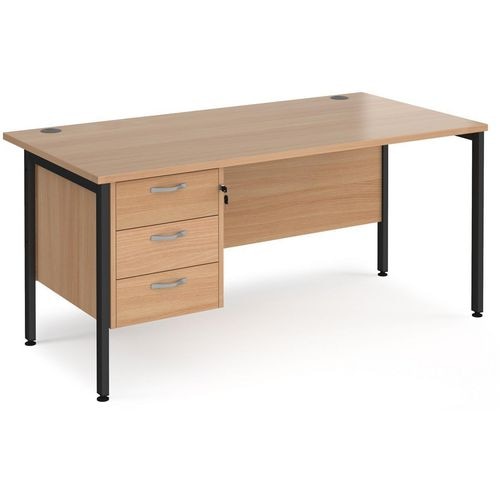 Rectangular Straight Desk Beech Wood H-Frame Legs Black Maestro 25 1600 x 800 x 725mm 3 Drawer Pedestal