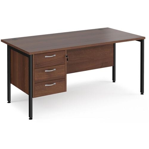 Rectangular Straight Desk Walnut Wood H-Frame Legs Black Maestro 25 1600 x 800 x 725mm 3 Drawer Pedestal