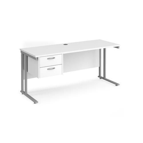 Rectangular Straight Desk White Wood Cantilever Legs Silver Maestro 25 1600 x 600 x 725mm 2 Drawer Pedestal