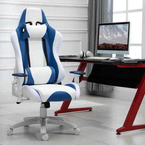 Vinsetto LED Light Gaming Chair Adjustable Armrest Bonded leather White, Blue High Back with Lumbar Cushion