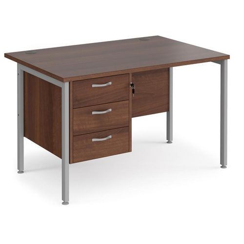 Rectangular Straight Desk Walnut Wood H-Frame Legs Silver Maestro 25 1200 x 800 x 725mm 3 Drawer Pedestal