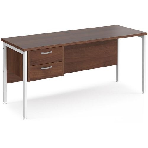 Rectangular Straight Desk Walnut Wood H-Frame Legs White Maestro 25 1600 x 600 x 725mm 2 Drawer Pedestal