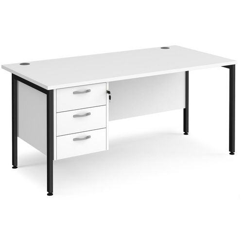 Rectangular Straight Desk White Wood H-Frame Legs Black Maestro 25 1600 x 800 x 725mm 3 Drawer Pedestal