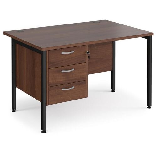 Rectangular Straight Desk Walnut Wood H-Frame Legs Black Maestro 25 1200 x 800 x 725mm 3 Drawer Pedestal