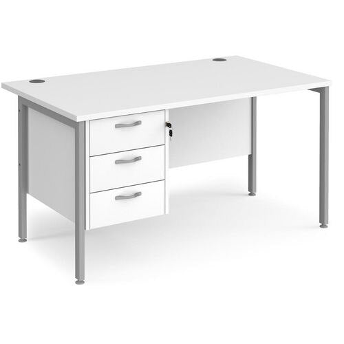 Rectangular Straight Desk White Wood H-Frame Legs Silver Maestro 25 1400 x 800 x 725mm 3 Drawer Pedestal