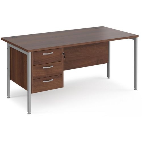 Rectangular Straight Desk Walnut Wood H-Frame Legs Silver Maestro 25 1600 x 800 x 725mm 3 Drawer Pedestal