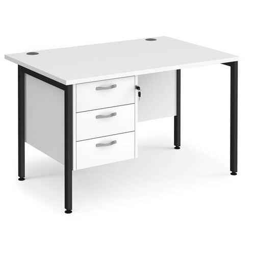 Rectangular Straight Desk White Wood H-Frame Legs Black Maestro 25 1200 x 800 x 725mm 3 Drawer Pedestal