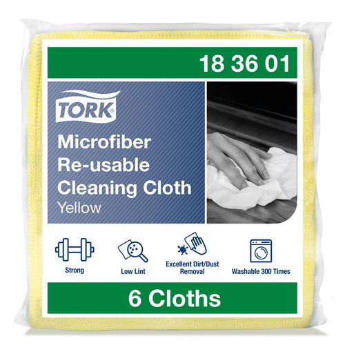 Tork Microfiber Reusable Cleaning Cloth 183601 Yellow, Dry and Wet Use Pack of 6