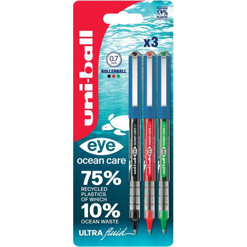 Uni-ball eye ocean care Rollerball Pen Black, Red, Green UB-157 Pack of 3