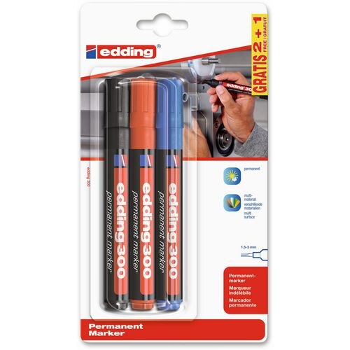 edding 300 Permanent Marker Medium Bullet 3 mm Assorted Refillable Pack of 3
