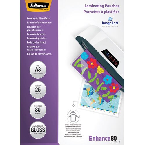 Fellowes ImageLast Laminating Pouches A3 Glossy 80 micron Transparent Pack of 25
