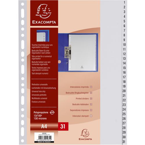 Exacompta Polypropylene Indices 1931E A4 31 Part (1-31) Grey Pack of 20