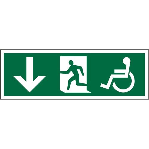 Fire Exit Sign Wheel Chair Down Arrow Vinyl 15 x 45 cm