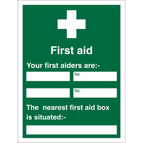 First Aid Sign First Aider Name and Location Plastic 30 x 20 cm