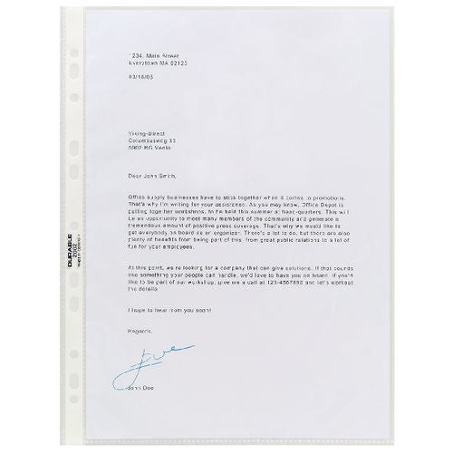 DURABLE Premium Punched Pockets A4 Clear Transparent 60 Microns Polypropylene Top Opening 11 Holes 267219 Pack of 100