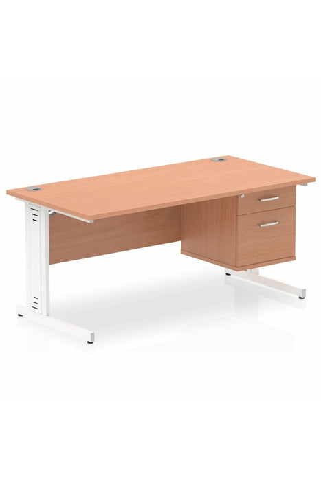 Dynamic Rectangular Office Desk Beech MFC Cable Managed Cantilever Leg White Frame Impulse 1 x 2 Drawer Fixed Ped 1600 x 800 x 730mm