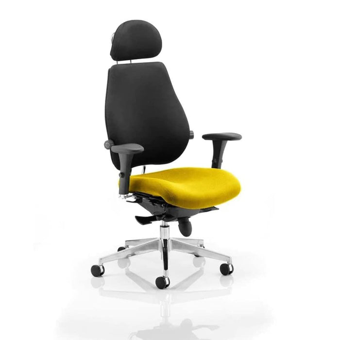Dynamic Synchro Tilt Posture Chair Multi-Functional Arms Chiro Plus Ultimate Black Back, Senna Yellow Seat With Headrest High Back