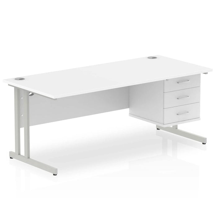 Dynamic Rectangular Office Desk White MFC Cantilever Leg Silver Frame Impulse 1 x 3 Drawer Fixed Ped 1800 x 800 x 730mm