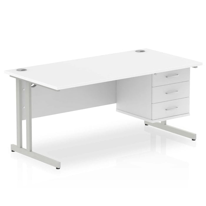 Dynamic Rectangular Office Desk White MFC Cantilever Leg Silver Frame Impulse 1 x 3 Drawer Fixed Ped 1600 x 800 x 730mm