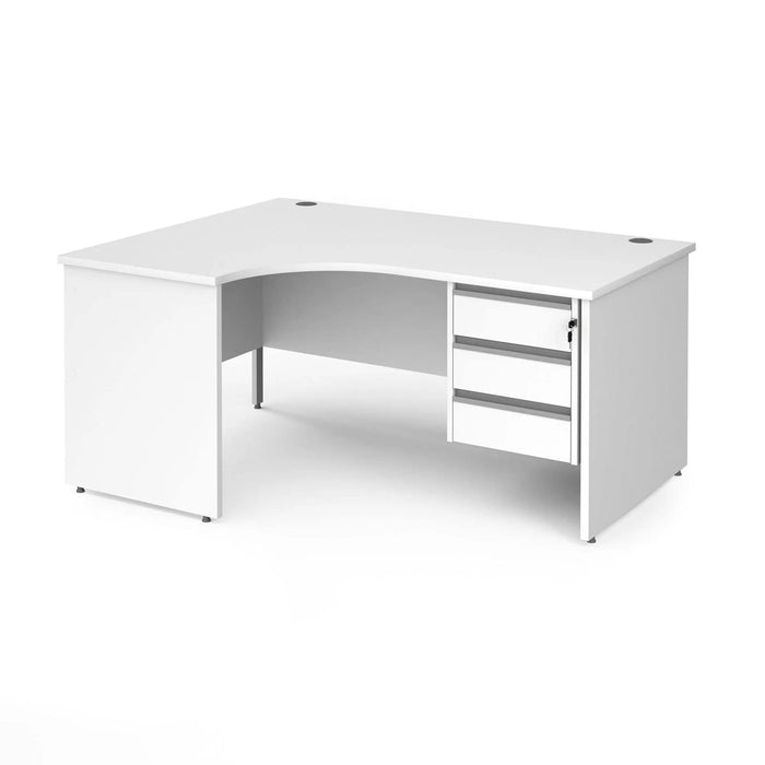 Dams International Left Hand Ergonomic Desk with 3 Lockable Drawers Pedestal and White MFC Top with Silver Panel Ends and Silver Frame Corner Post Legs Contract 25 1600 x 1200 x 725 mm