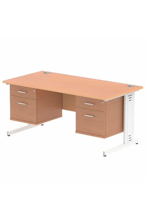 Dynamic Rectangular Office Desk Beech MFC Cable Managed Cantilever Leg White Frame Impulse 2 x 2 Drawer Fixed Ped 1600 x 800 x 730mm