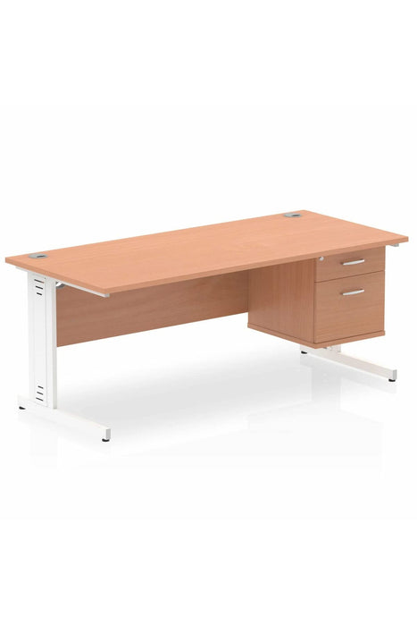 Dynamic Rectangular Office Desk Beech MFC Cable Managed Cantilever Leg White Frame Impulse 1 x 2 Drawer Fixed Ped 1800 x 800 x 730mm