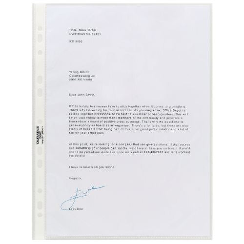 DURABLE Premium Punched Pockets A4 Clear Transparent 80 Microns Polypropylene Top Opening 11 Holes 2676-19 Pack of 100