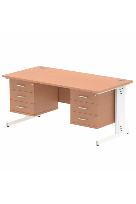 Dynamic Rectangular Office Desk Beech MFC Cable Managed Cantilever Leg White Frame Impulse 2 x 3 Drawer Fixed Ped 1600 x 800 x 730mm