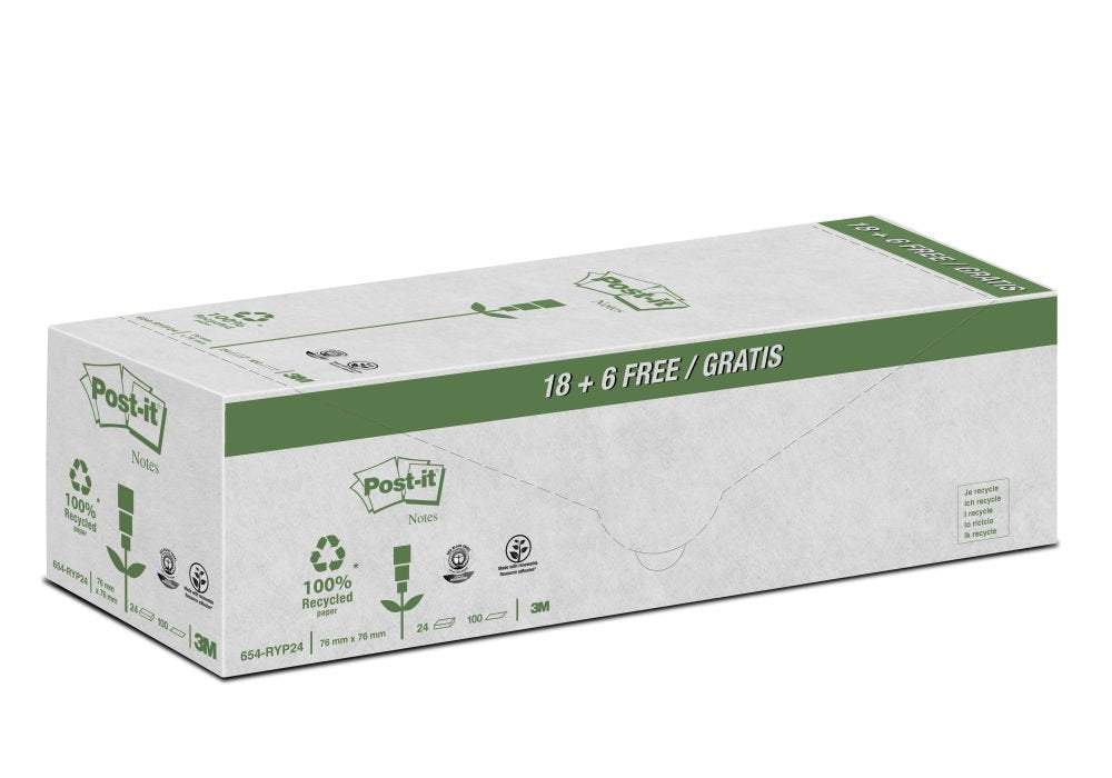 Post-it Recycled Notes 76 x 76 mm Canary Yellow 100 Sheets Value Pack 18 + 6 Free