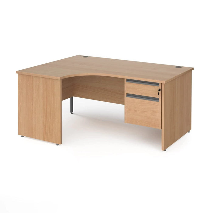 Dams International Left Hand Ergonomic Desk with 2 Lockable Drawers Pedestal and Oak Coloured MFC Top with Silver Panel Ends and Silver Frame Corner Post Legs Contract 25 1600 x 1200 x 725 mm