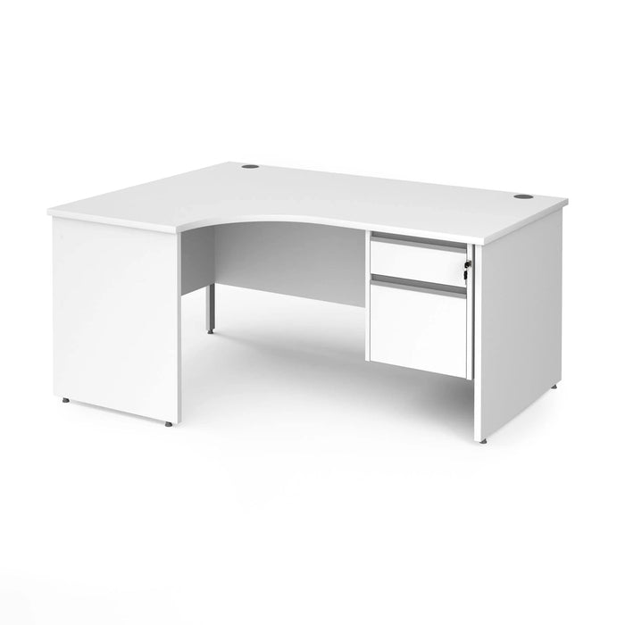 Dams International Left Hand Ergonomic Desk with 2 Lockable Drawers Pedestal and White MFC Top with Silver Panel Ends and Silver Frame Corner Post Legs Contract 25 1600 x 1200 x 725 mm