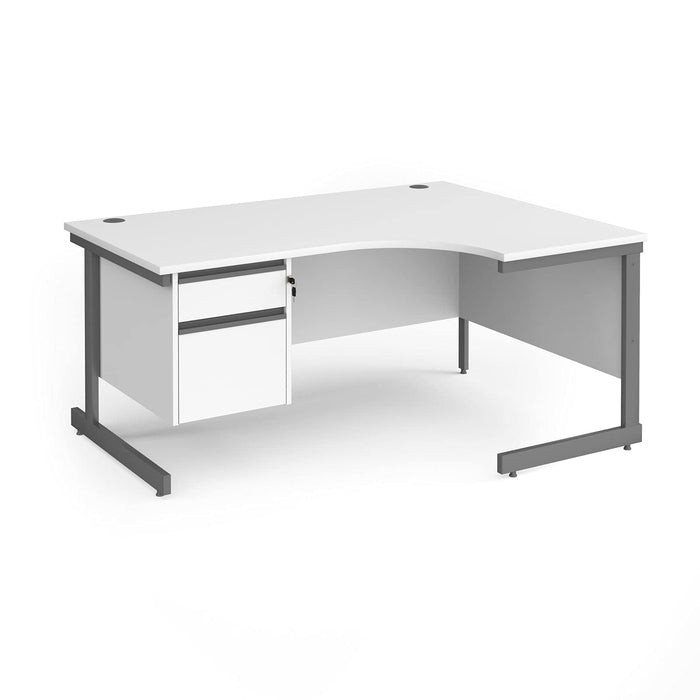 Dams International Right Hand Ergonomic Desk with 2 Lockable Drawers Pedestal and White MFC Top with Graphite Frame Cantilever Legs Contract 25 1600 x 1200 x 725 mm