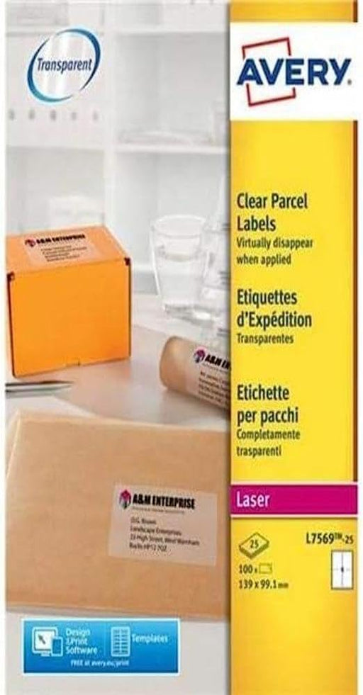 Avery L7569-25 Parcel Labels 139 x 99.1 mm Clear 25 Sheets of 4 Labels