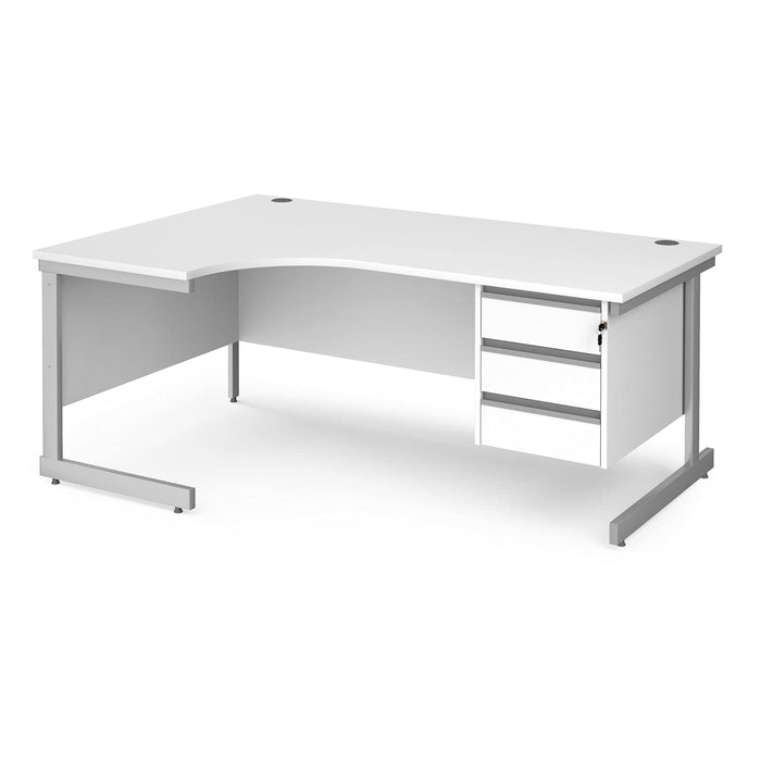 Dams International Left Hand Ergonomic Desk with 3 Lockable Drawers Pedestal and White MFC Top with Silver Frame Cantilever Legs Contract 25 1600 x 1200 x 725 mm