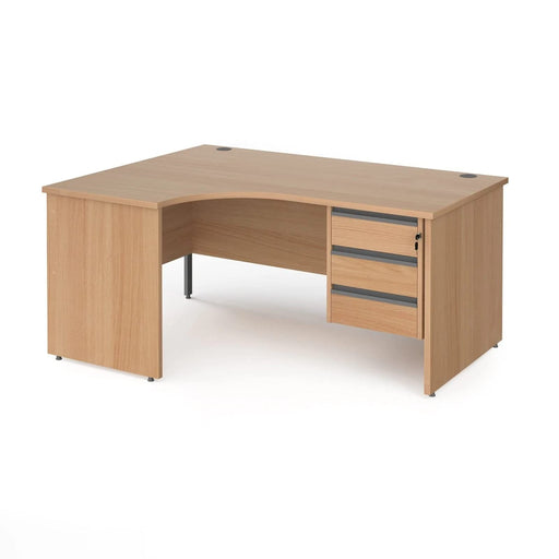 Dams International Left Hand Ergonomic Desk with 3 Lockable Drawers Pedestal and Beech Coloured MFC Top with Graphite Panel Ends and Silver Frame Corner Post Legs Contract 25 1800 x 1200 x 725 mm