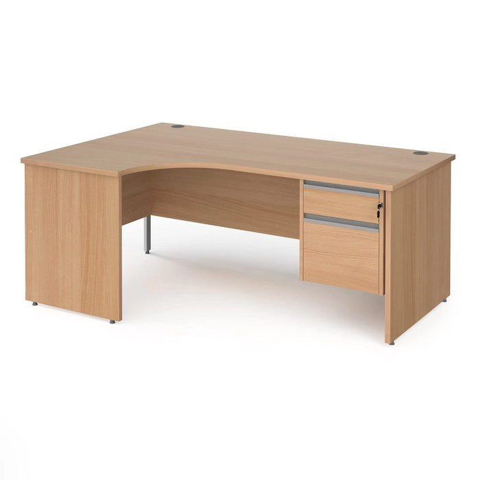 Dams International Left Hand Ergonomic Desk with 2 Lockable Drawers Pedestal and Beech Coloured MFC Top with Silver Panel Ends and Silver Frame Corner Post Legs Contract 25 1800 x 1200 x 725 mm