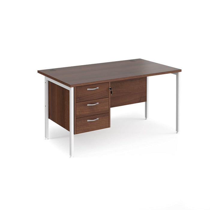 Rectangular Straight Desk Walnut Wood H-Frame Legs White Maestro 25 1400 x 800 x 725mm 3 Drawer Pedestal