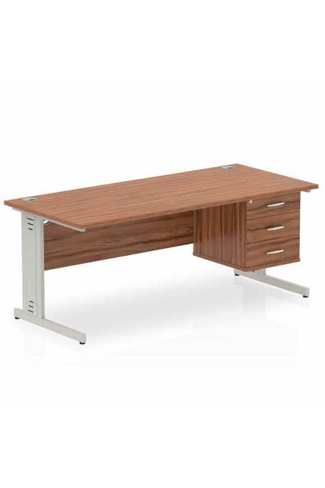 Dynamic Rectangular Office Desk Walnut MFC Cable Managed Cantilever Leg Silver Frame Impulse 1 x 3 Drawer Fixed Ped 1800 x 800 x 730mm